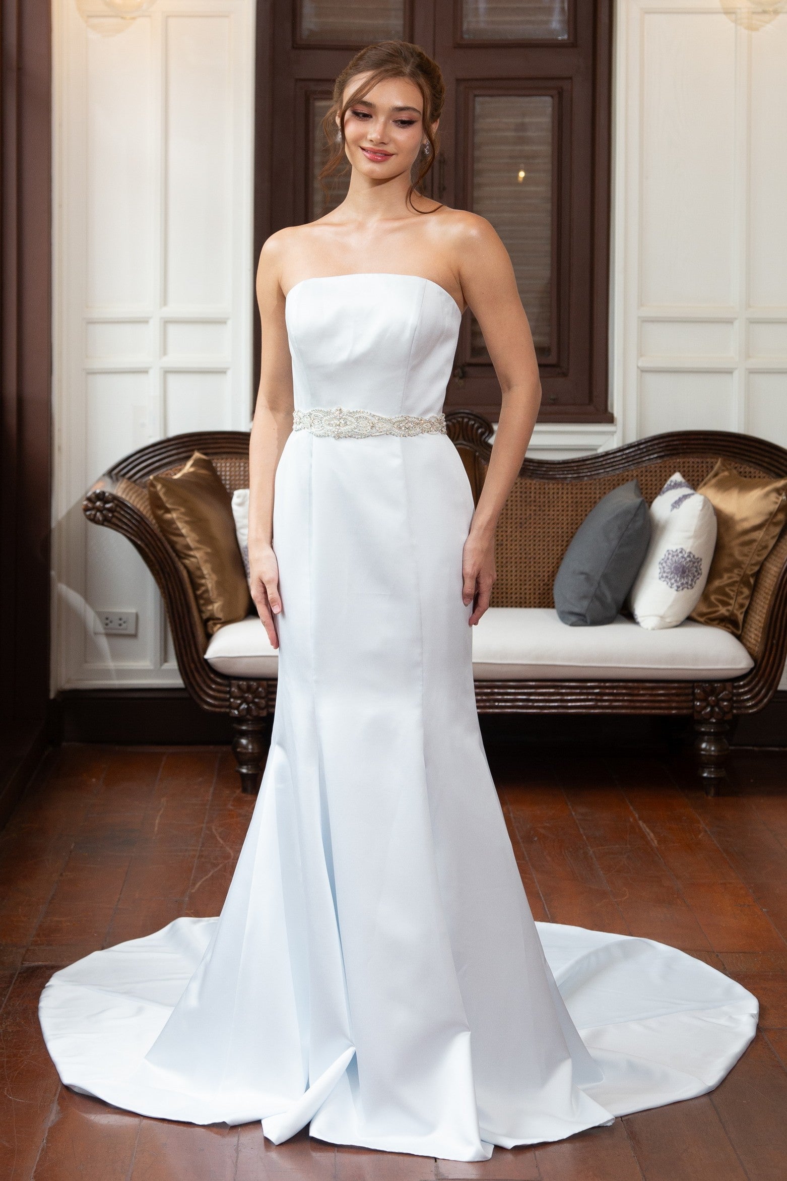 Light Blue Off-the-Shoulder Satin Trumpet Wedding Gown | Briderful Light Blue Off-the-Shoulder Satin Trumpet Wedding Gown | Briderful