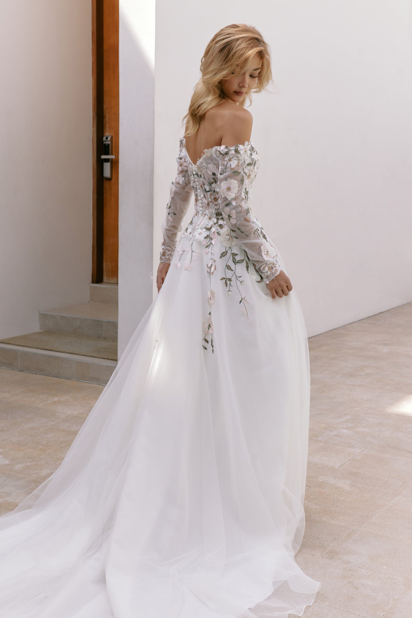 3D Floral Off-the-Shoulder Wedding Gown with Long Sleeves | Briderful - back