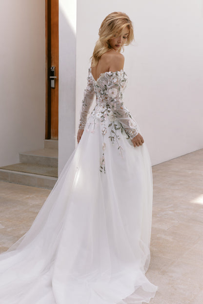 3D Floral Off-the-Shoulder Wedding Gown with Long Sleeves | Briderful - back