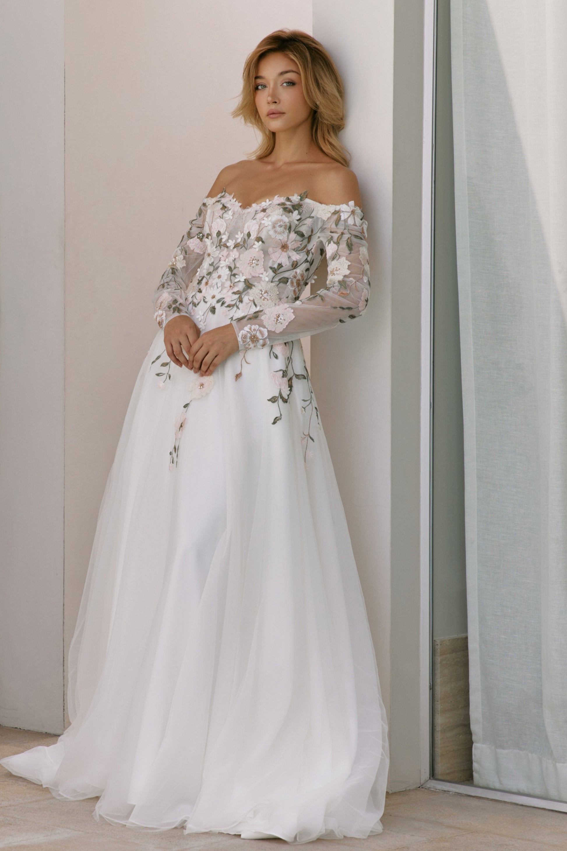 3D Floral Off-the-Shoulder Wedding Gown with Long Sleeves | Briderful