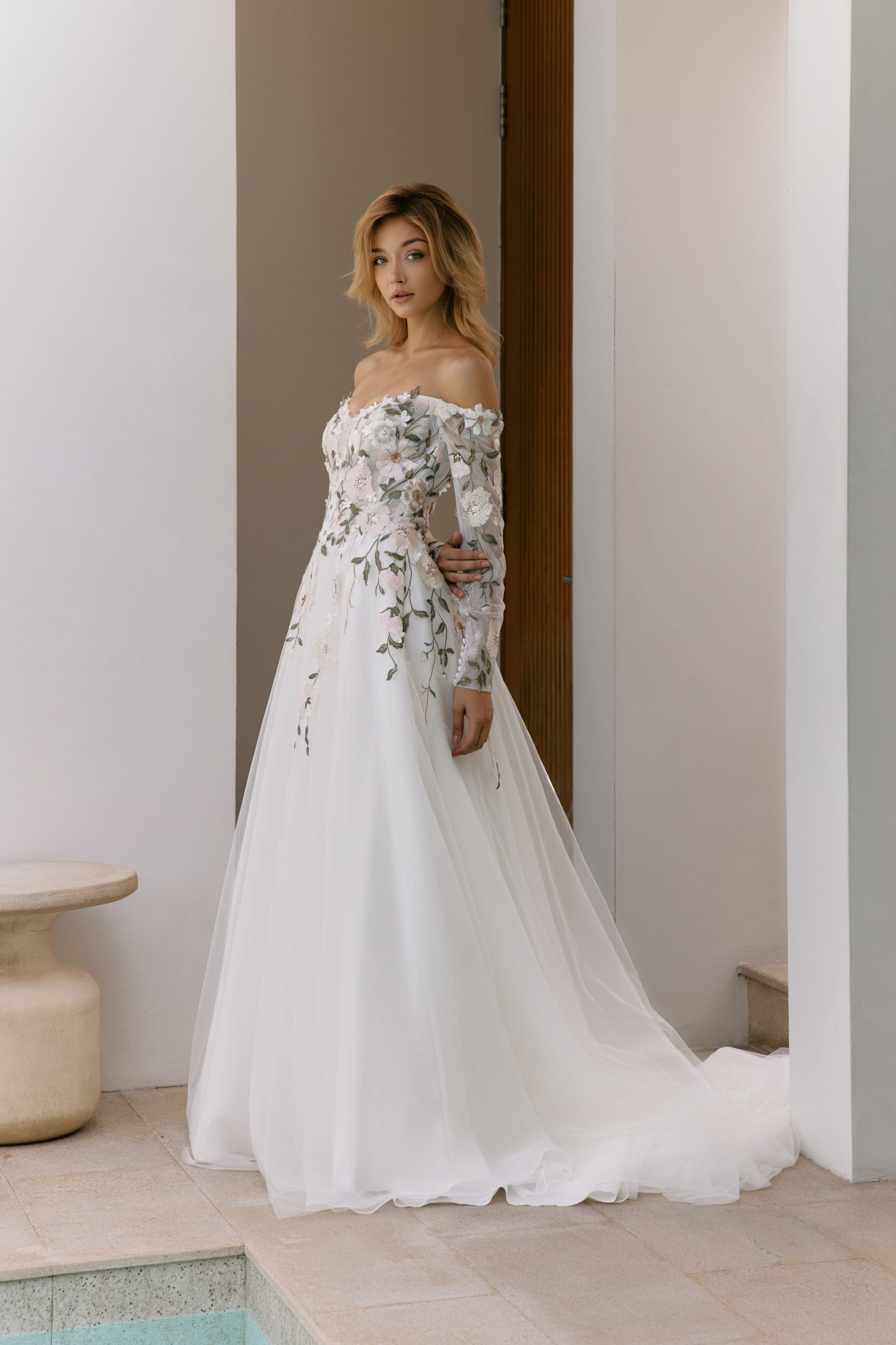 3D Floral Off-the-Shoulder Wedding Gown with Long Sleeves | Briderful - side