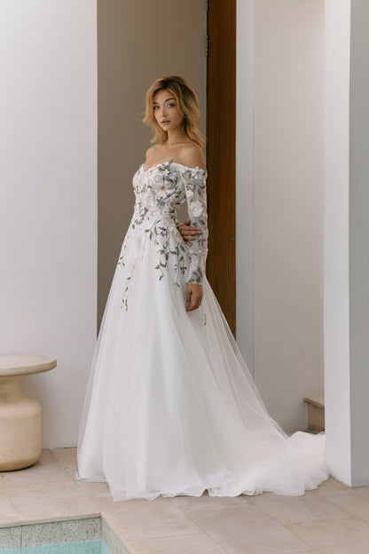 3D Floral Off-the-Shoulder Wedding Gown with Long Sleeves | Briderful - side