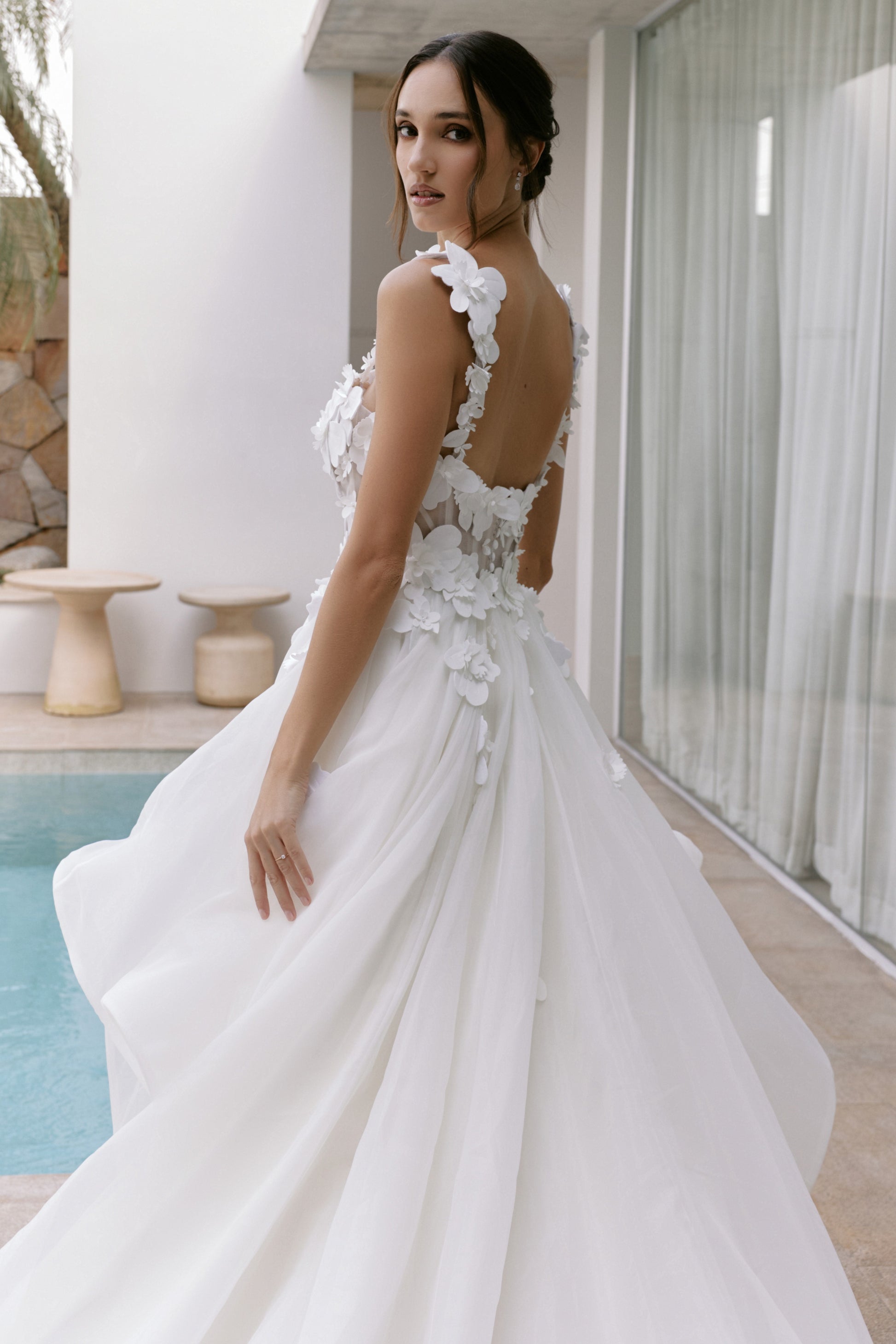 3D Mikado Floral A-Line Gown with Sheer Petal Bodice | Briderful - back