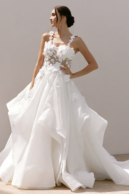 3D Mikado Floral A-Line Gown with Sheer Petal Bodice | Briderful