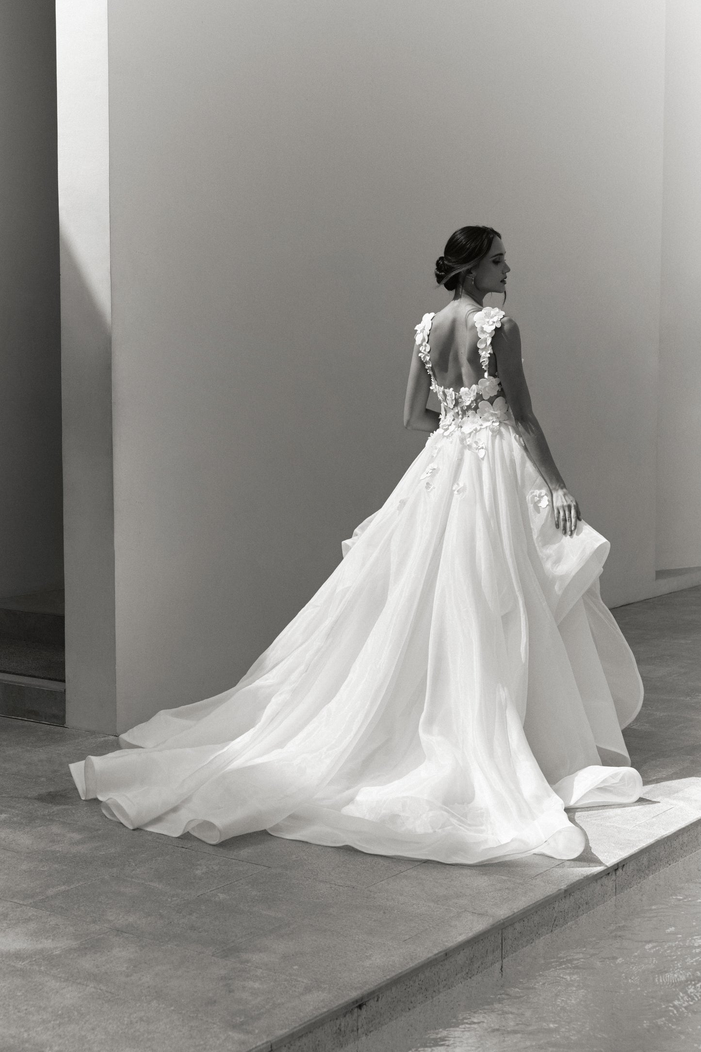 3D Mikado Floral A-Line Gown with Sheer Petal Bodice | Briderful - back detail