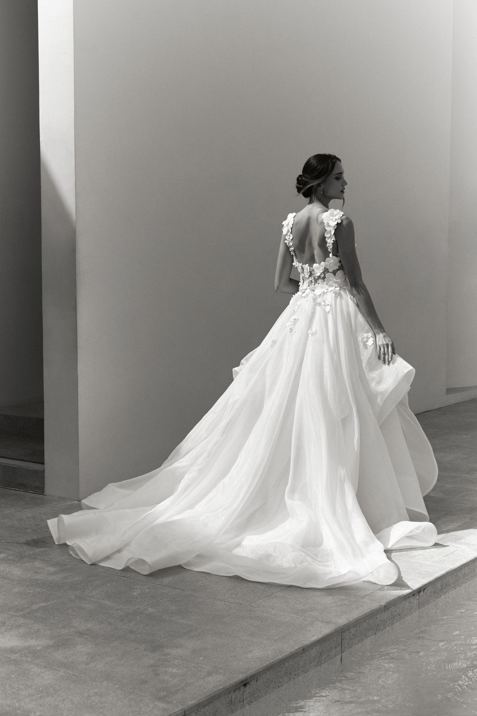 3D Mikado Floral A-Line Gown with Sheer Petal Bodice | Briderful - back detail
