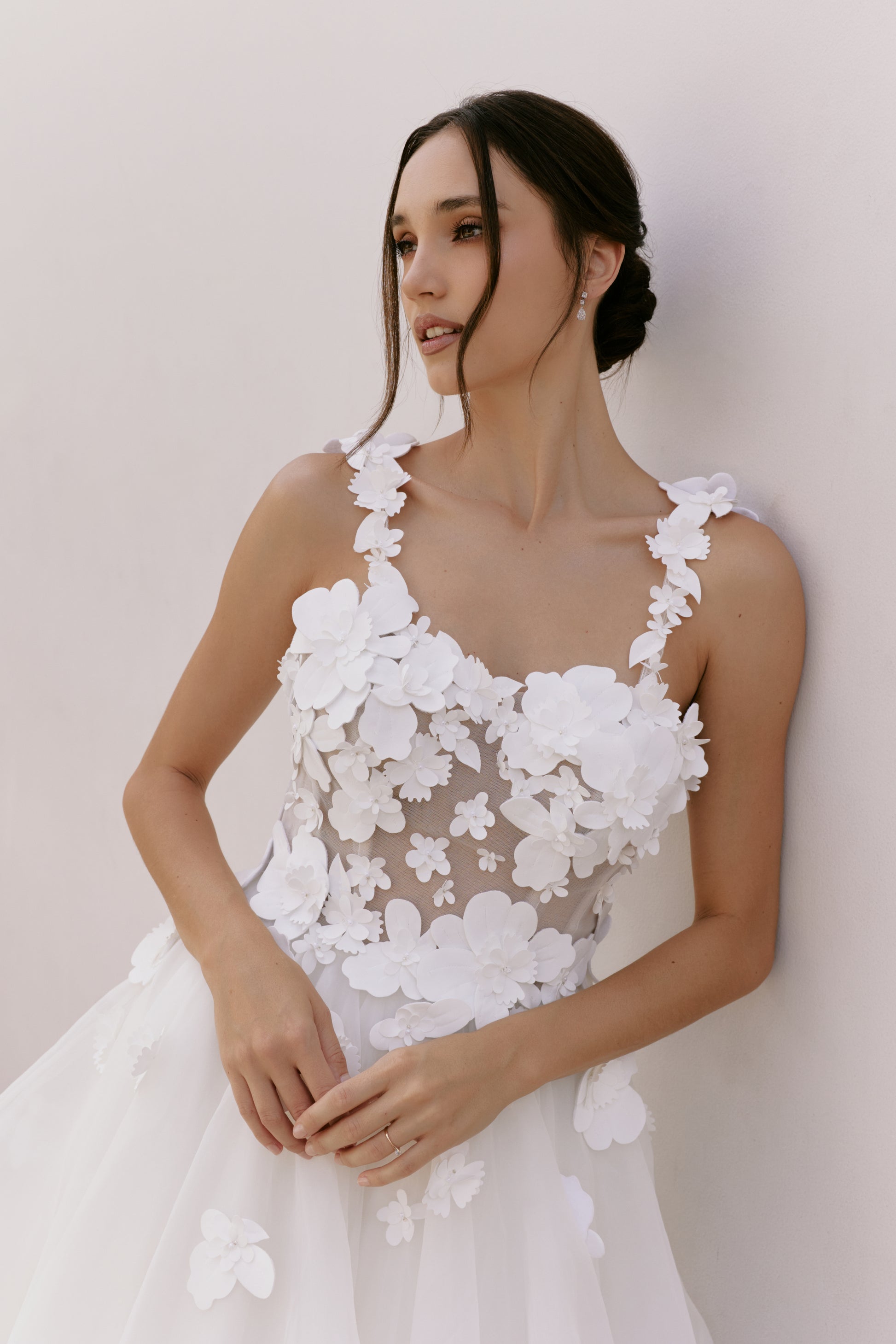 3D Mikado Floral A-Line Gown with Sheer Petal Bodice | Briderful - fabric detail