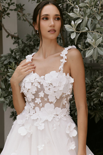 3D Mikado Floral A-Line Gown with Sheer Petal Bodice | Briderful - fabric