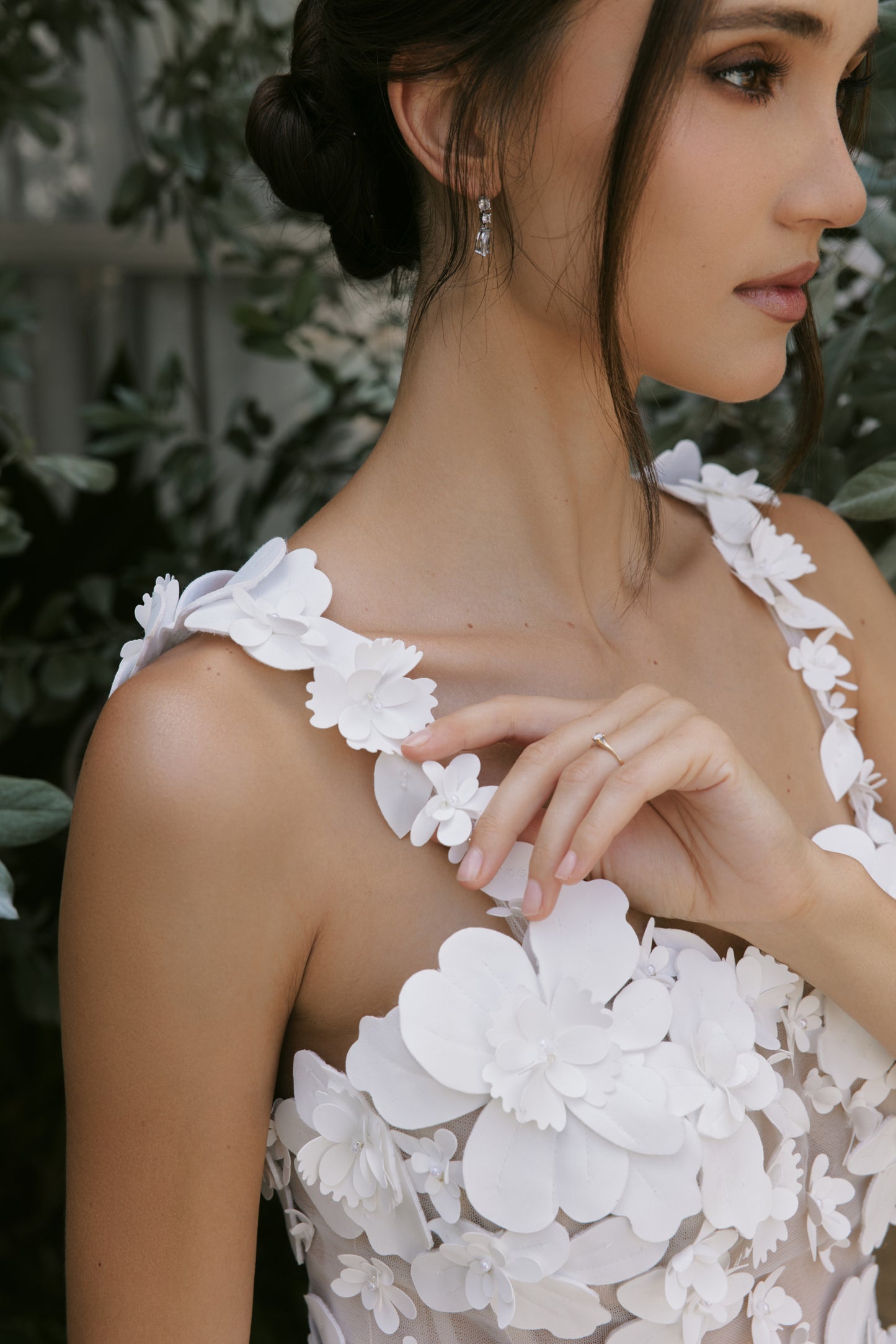 3D Mikado Floral A-Line Gown with Sheer Petal Bodice | Briderful - fabric close up