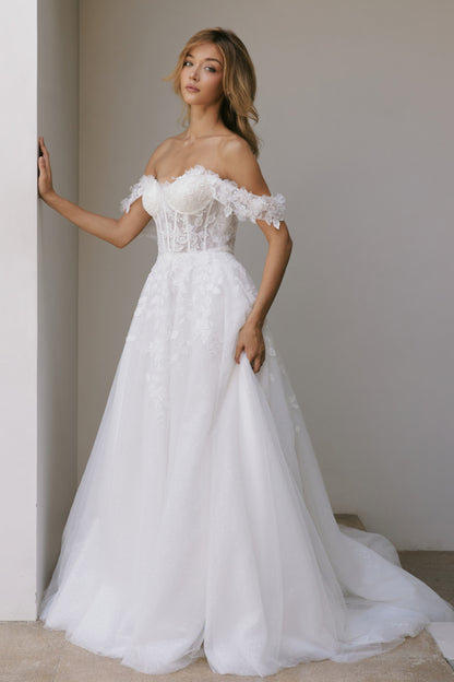 Off-the-Shoulder Floral Lace A-Line Gown with Sheer Corset | Briderful