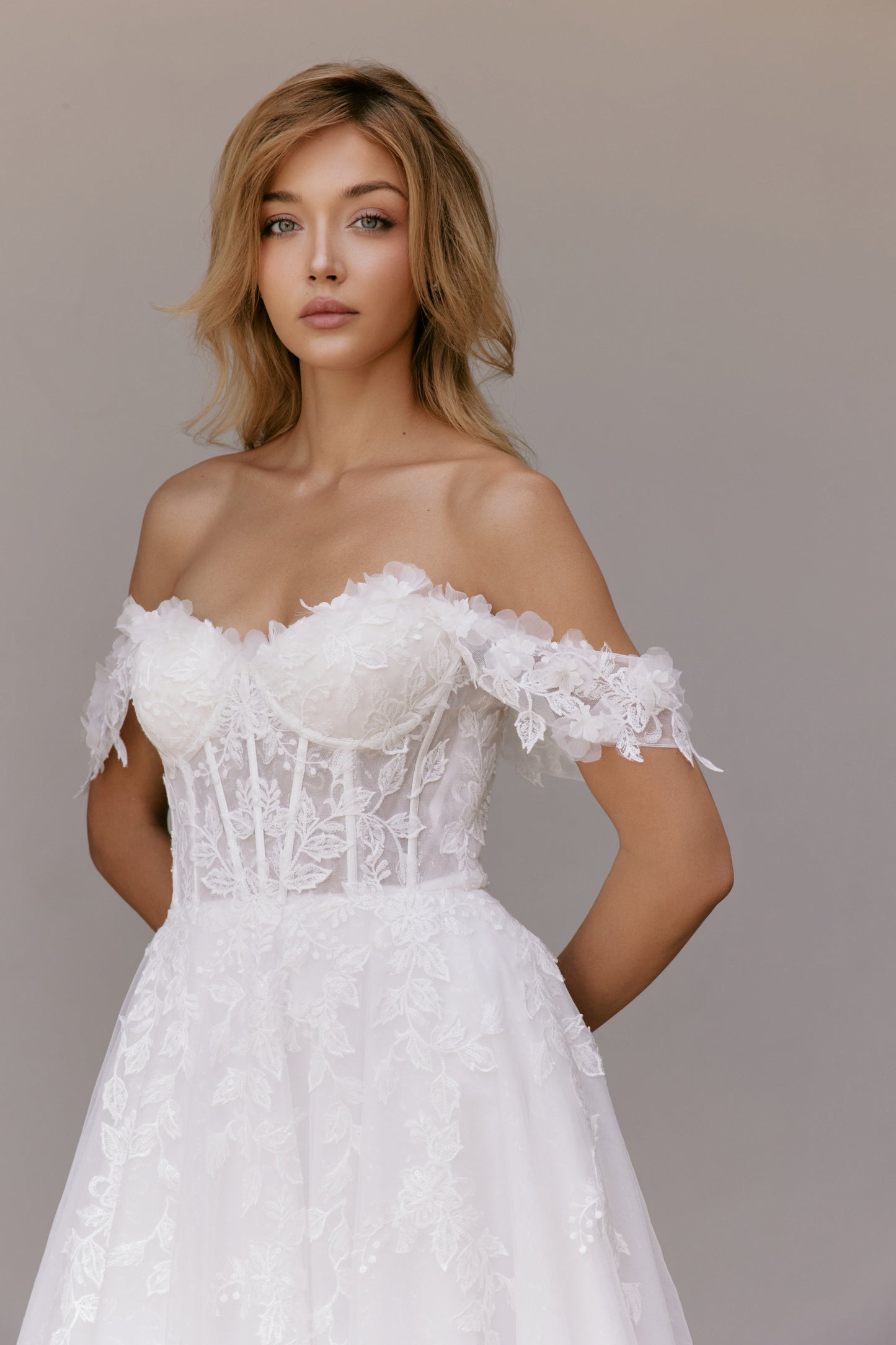 Off-the-Shoulder Floral Lace A-Line Gown with Sheer Corset | Briderful - fabric close up