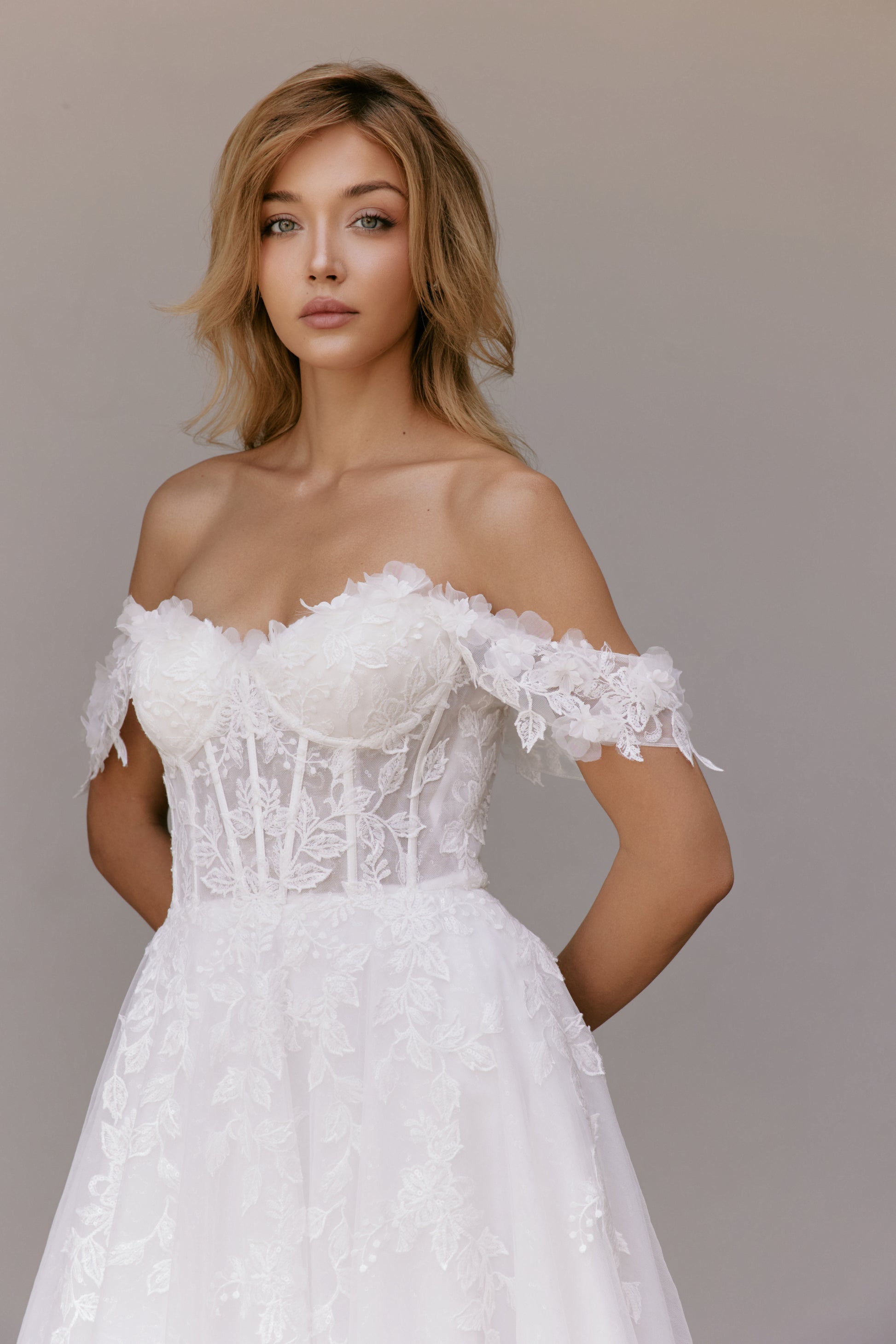 Off-the-Shoulder Floral Lace A-Line Gown with Sheer Corset | Briderful - fabric close up