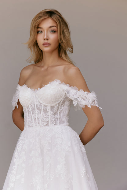 Off-the-Shoulder Floral Lace A-Line Gown with Sheer Corset | Briderful - fabric close up
