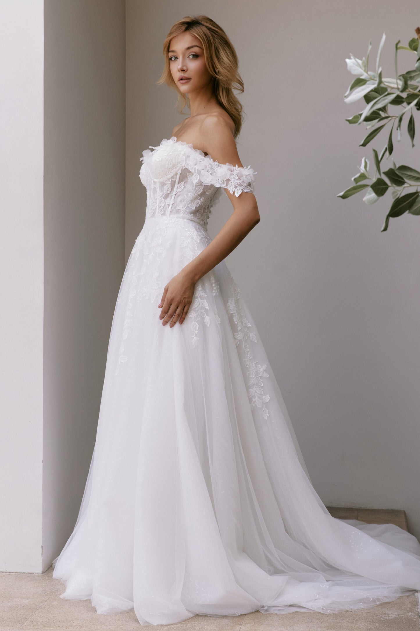 Off-the-Shoulder Floral Lace A-Line Gown with Sheer Corset | Briderful - side
