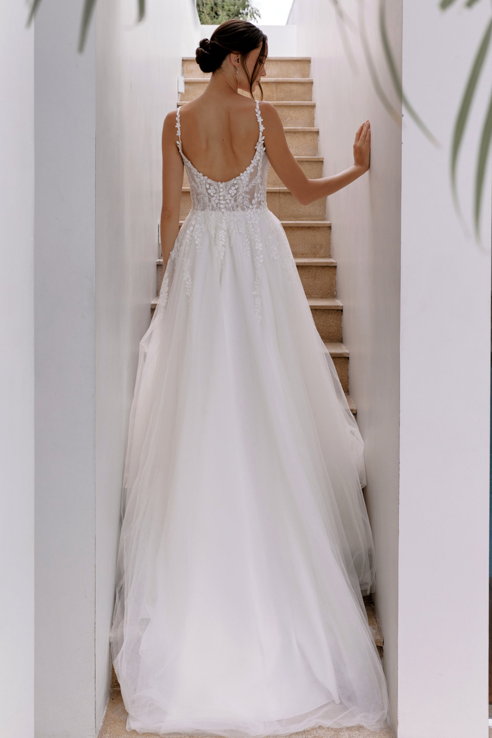 Modern Square Neckline Lace A-Line Wedding Gown | Briderful - back