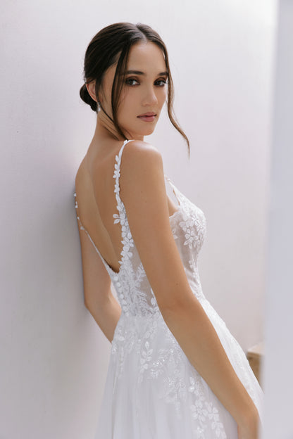 Modern Square Neckline Lace A-Line Wedding Gown | Briderful - side detail