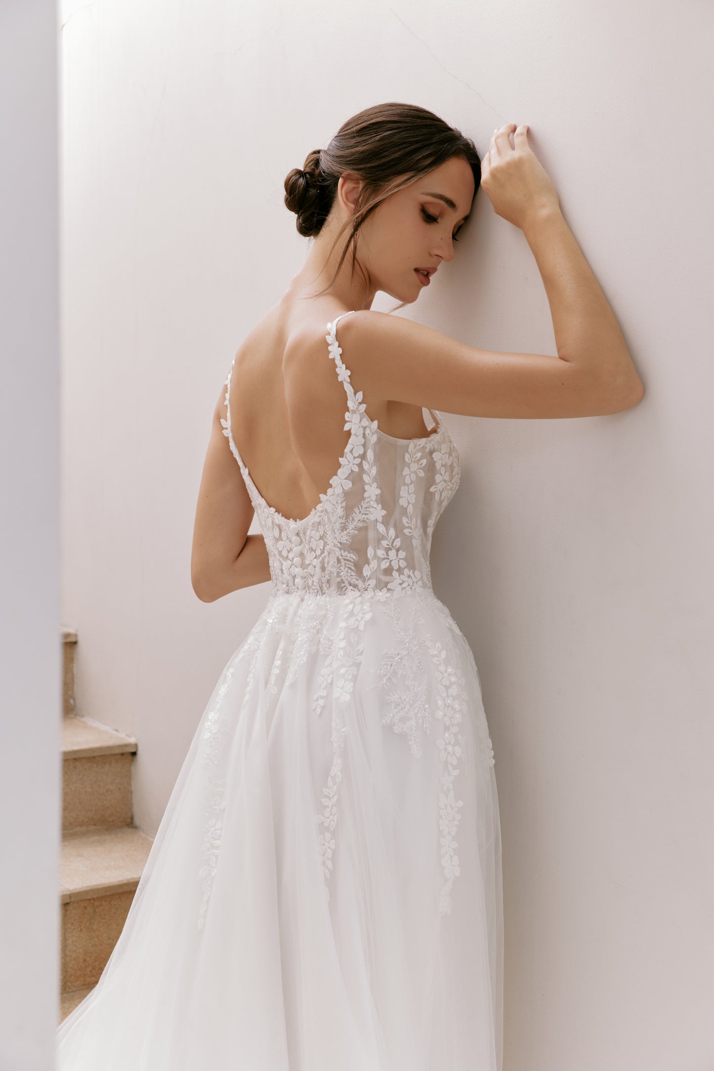 Modern Square Neckline Lace A-Line Wedding Gown | Briderful - back detail