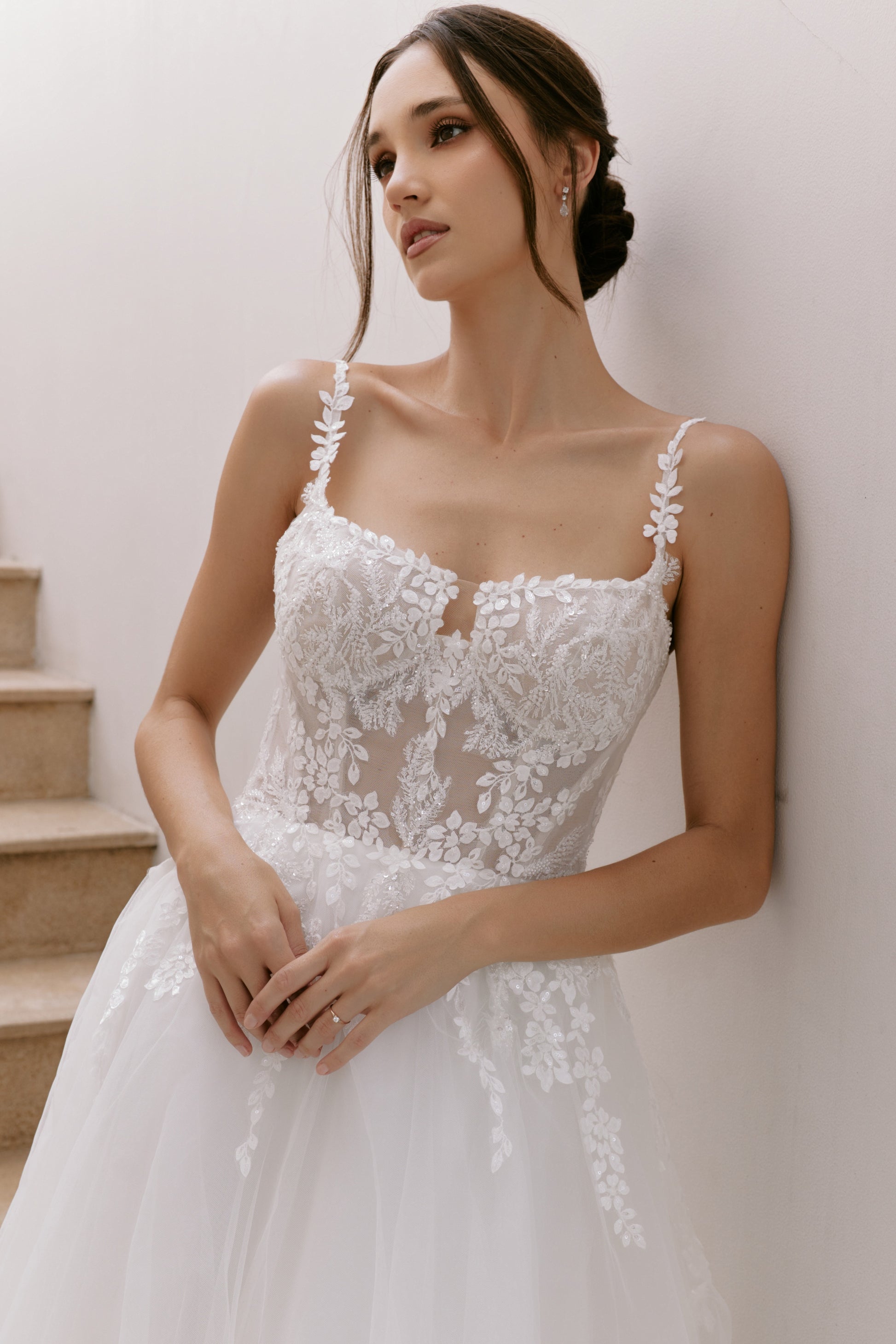 Modern Square Neckline Lace A-Line Wedding Gown | Briderful - fabric