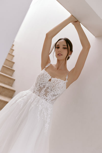 Modern Square Neckline Lace A-Line Wedding Gown | Briderful - fabric close up