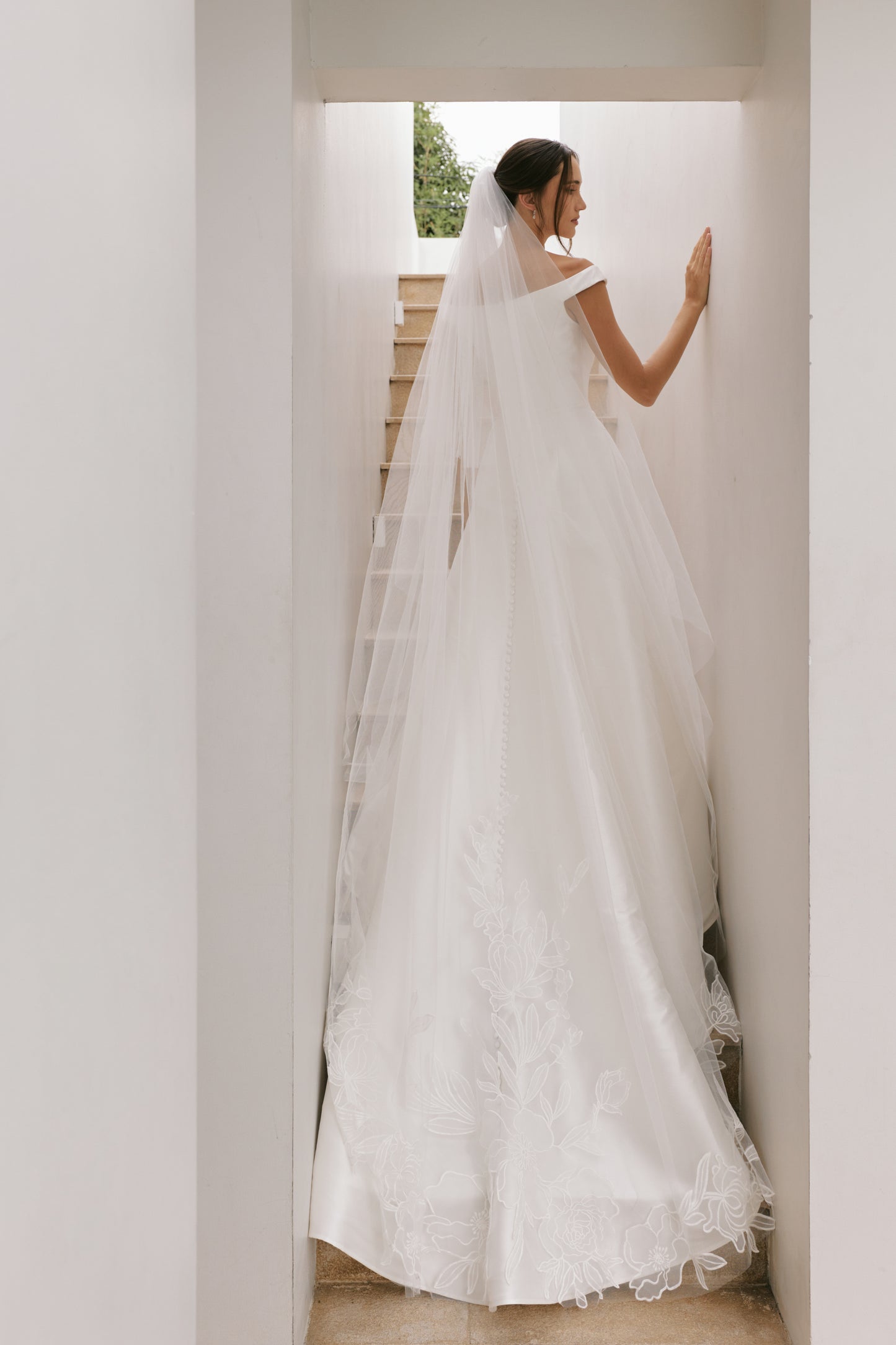 Minimalist Mikado A-Line Wedding Gown with Slashed Neckline | Briderful - back