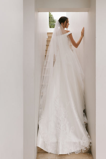 Minimalist Mikado A-Line Wedding Gown with Slashed Neckline | Briderful - back