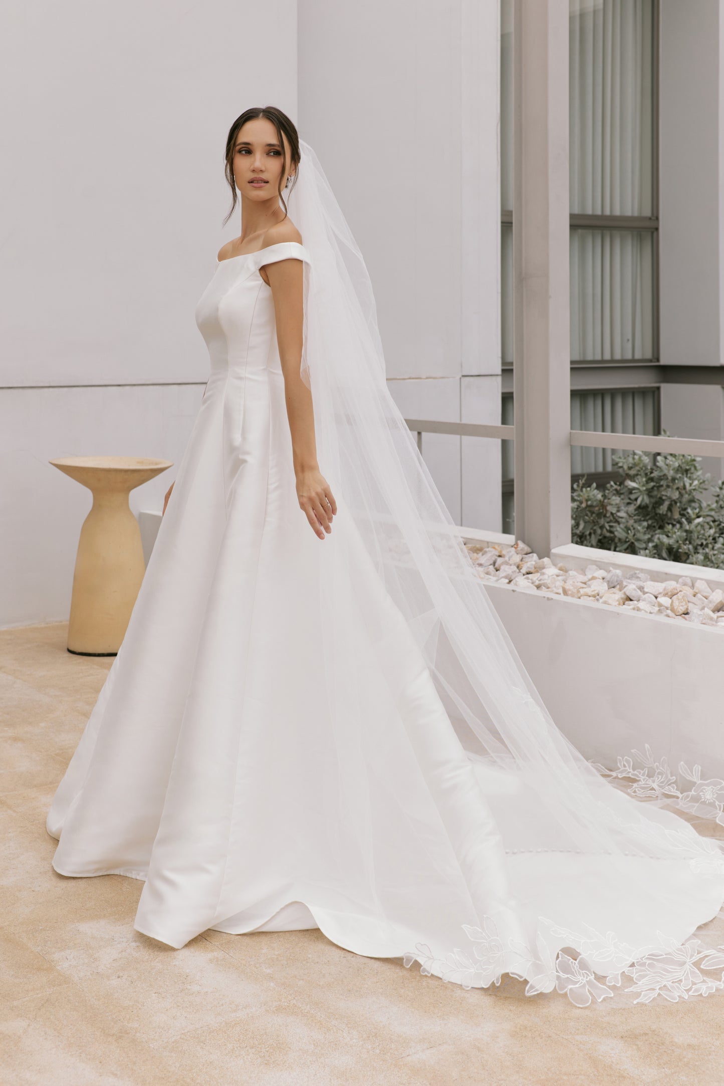 Minimalist Mikado A-Line Wedding Gown with Slashed Neckline | Briderful - side detail