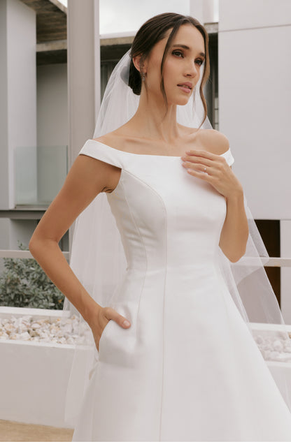 Minimalist Mikado A-Line Wedding Gown with Slashed Neckline | Briderful