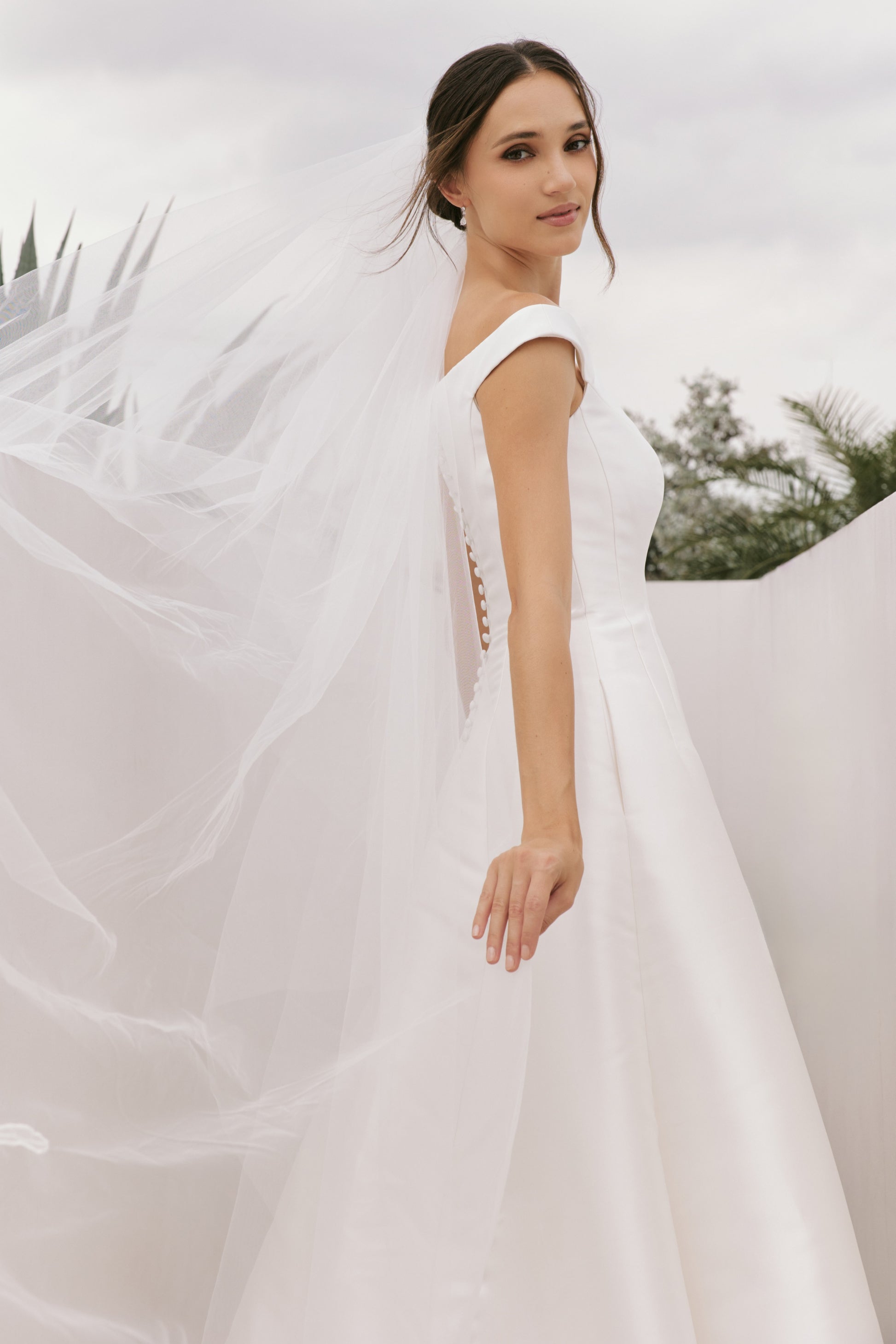 Minimalist Mikado A-Line Wedding Gown with Slashed Neckline | Briderful - back