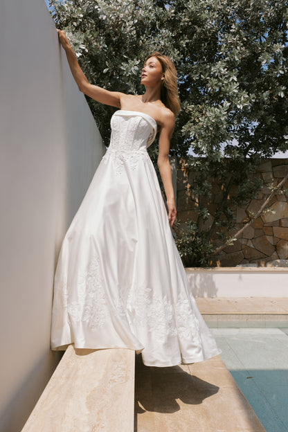 Slashed Neckline A-Line Wedding Gown with Elegant Lace | Briderful - side detail