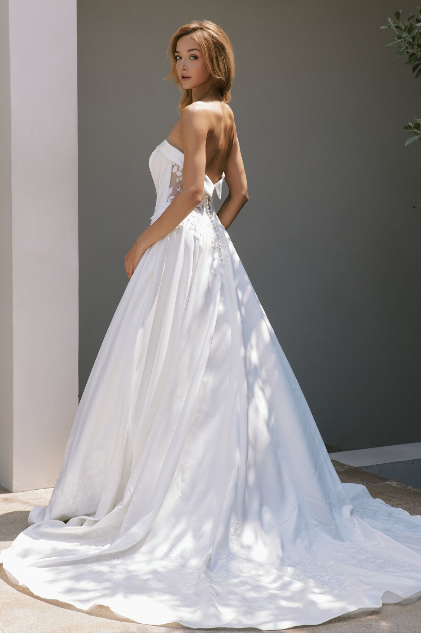 Slashed Neckline A-Line Wedding Gown with Elegant Lace | Briderful - back