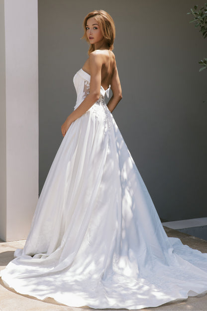Slashed Neckline A-Line Wedding Gown with Elegant Lace | Briderful - back