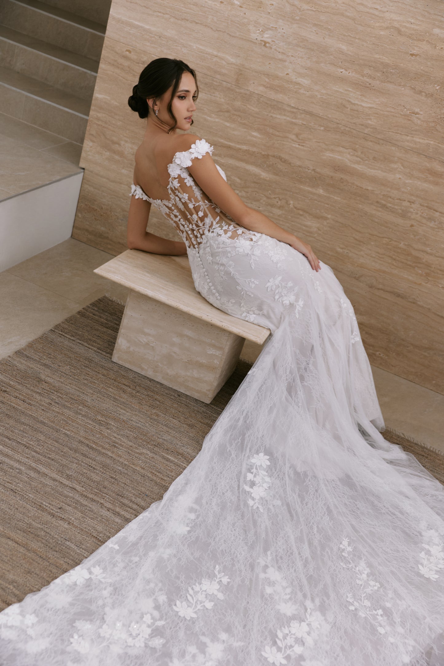 Illusion Lace Mermaid Wedding Gown with Long Train | Briderful - side detail