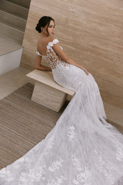Illusion Lace Mermaid Wedding Gown with Long Train | Briderful - side detail