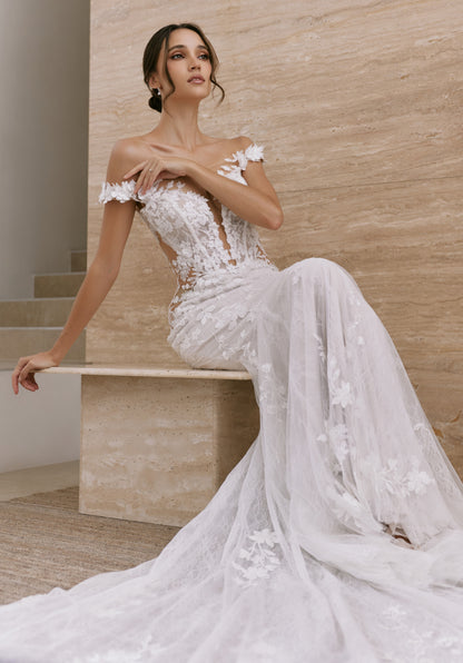Illusion Lace Mermaid Wedding Gown with Long Train | Briderful