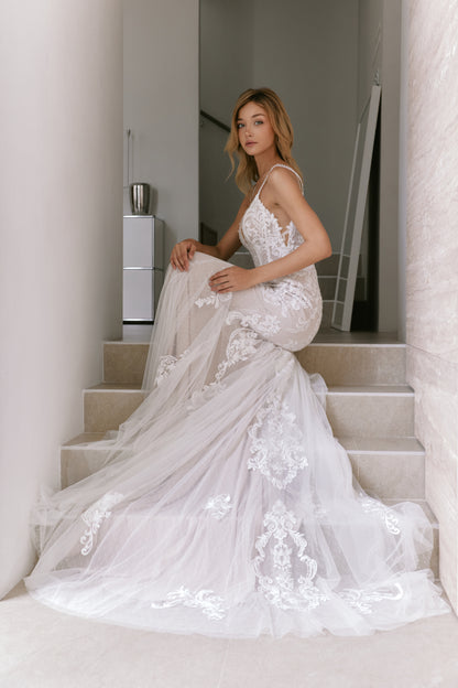 Beaded Lace Trumpet Wedding Gown with V-Neckline | Briderful - side