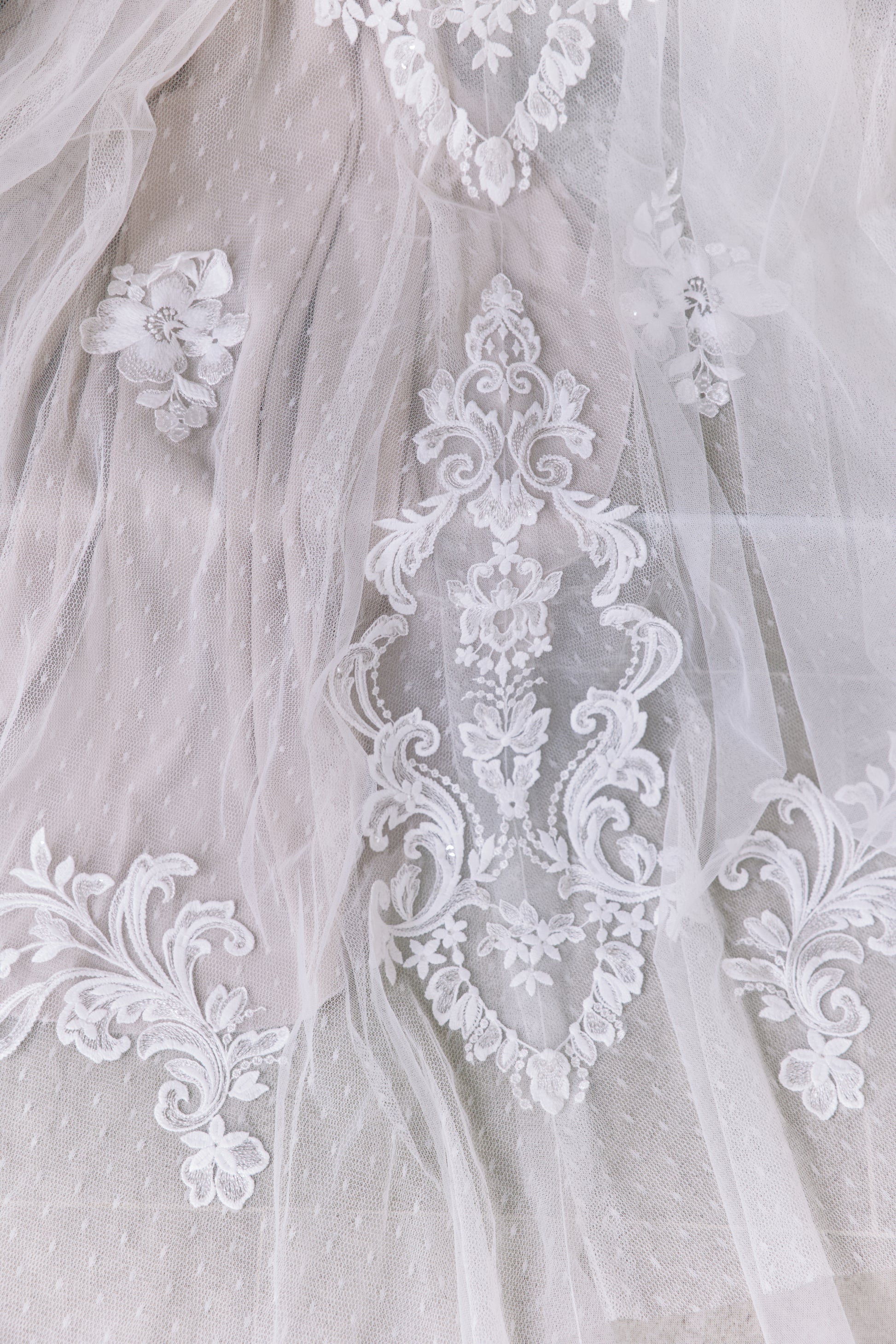 Beaded Lace Trumpet Wedding Gown with V-Neckline | Briderful- fabric close up