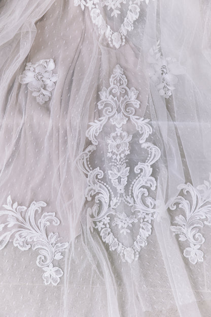 Beaded Lace Trumpet Wedding Gown with V-Neckline | Briderful- fabric close up