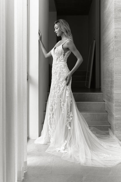 Beaded Lace Trumpet Wedding Gown with V-Neckline | Briderful - side detail