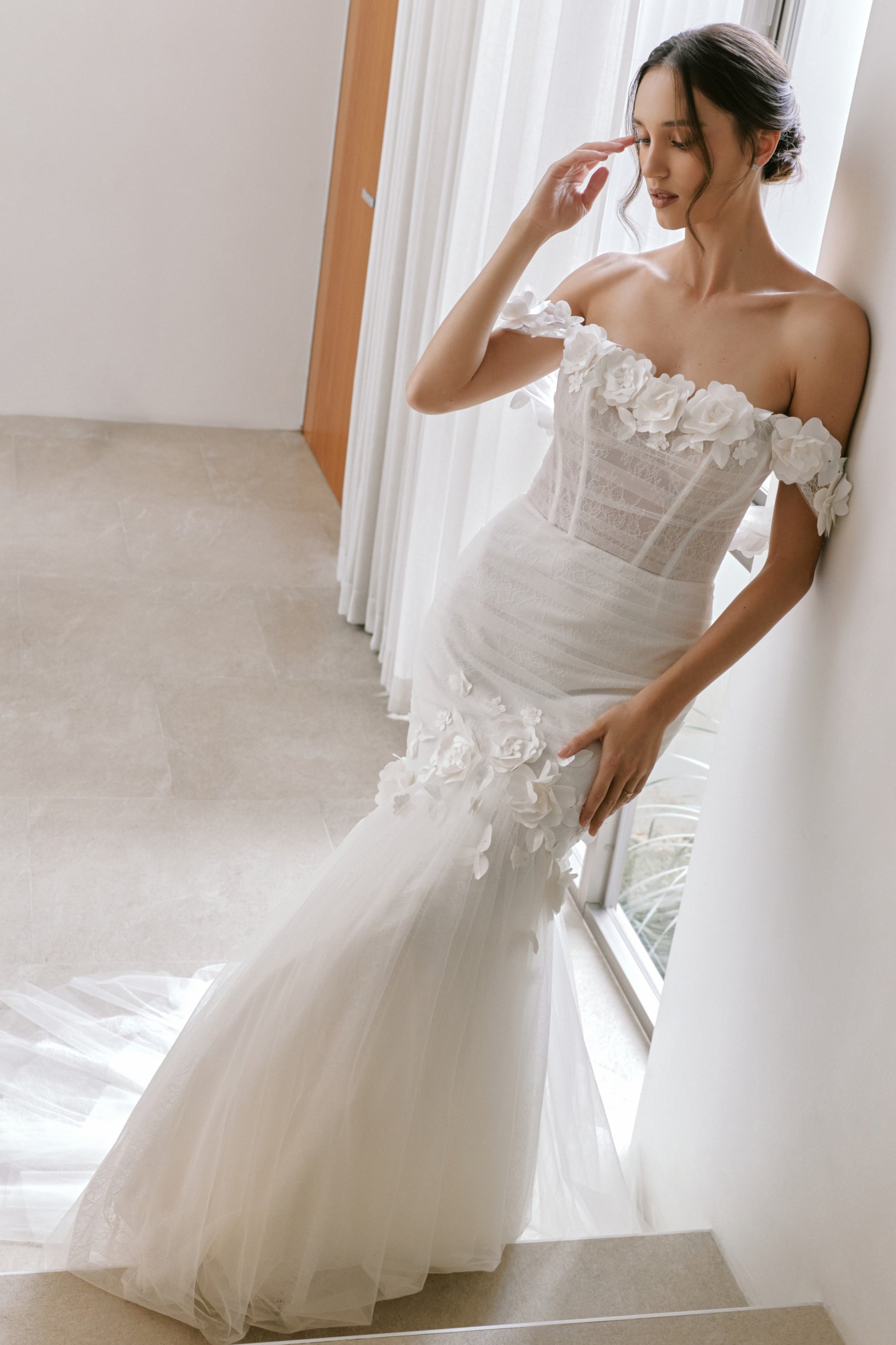 Elegant Off-the-Shoulder Mermaid Wedding Gown | Briderful - fabric