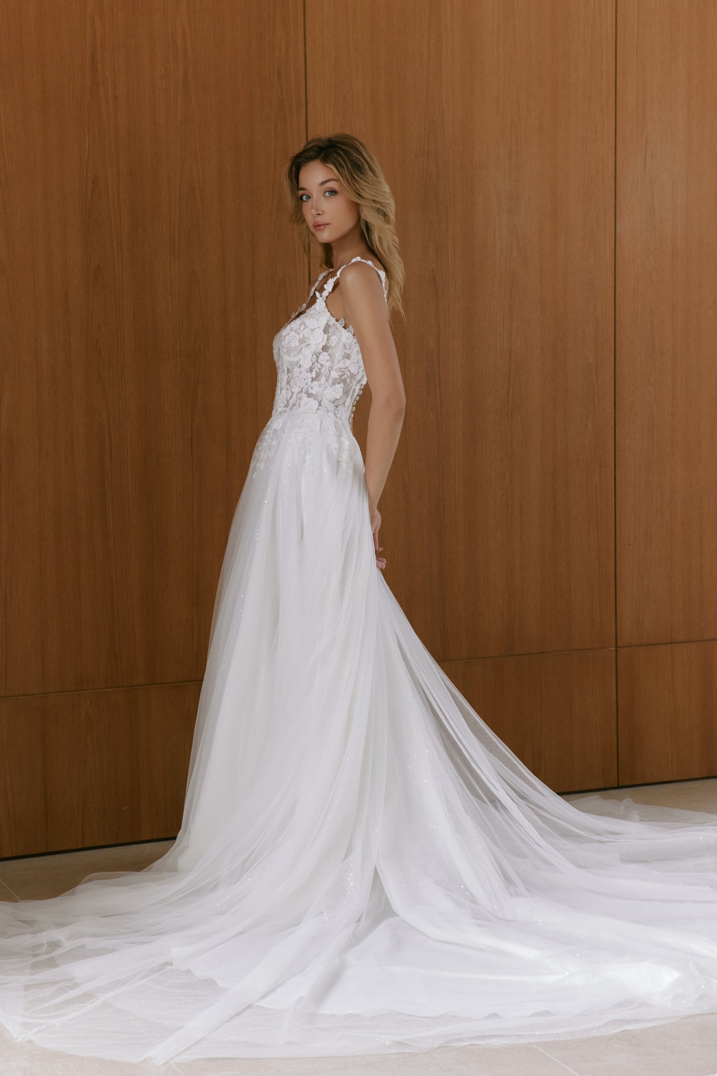 Sweetheart Lace A-Line Wedding Gown with Spaghetti Straps | Briderful - side detail