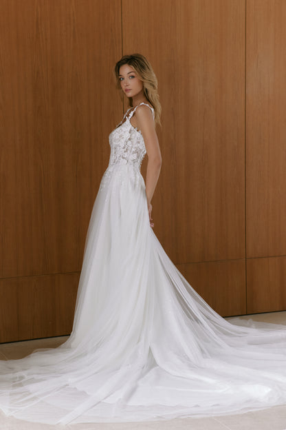 Sweetheart Lace A-Line Wedding Gown with Spaghetti Straps | Briderful - side detail
