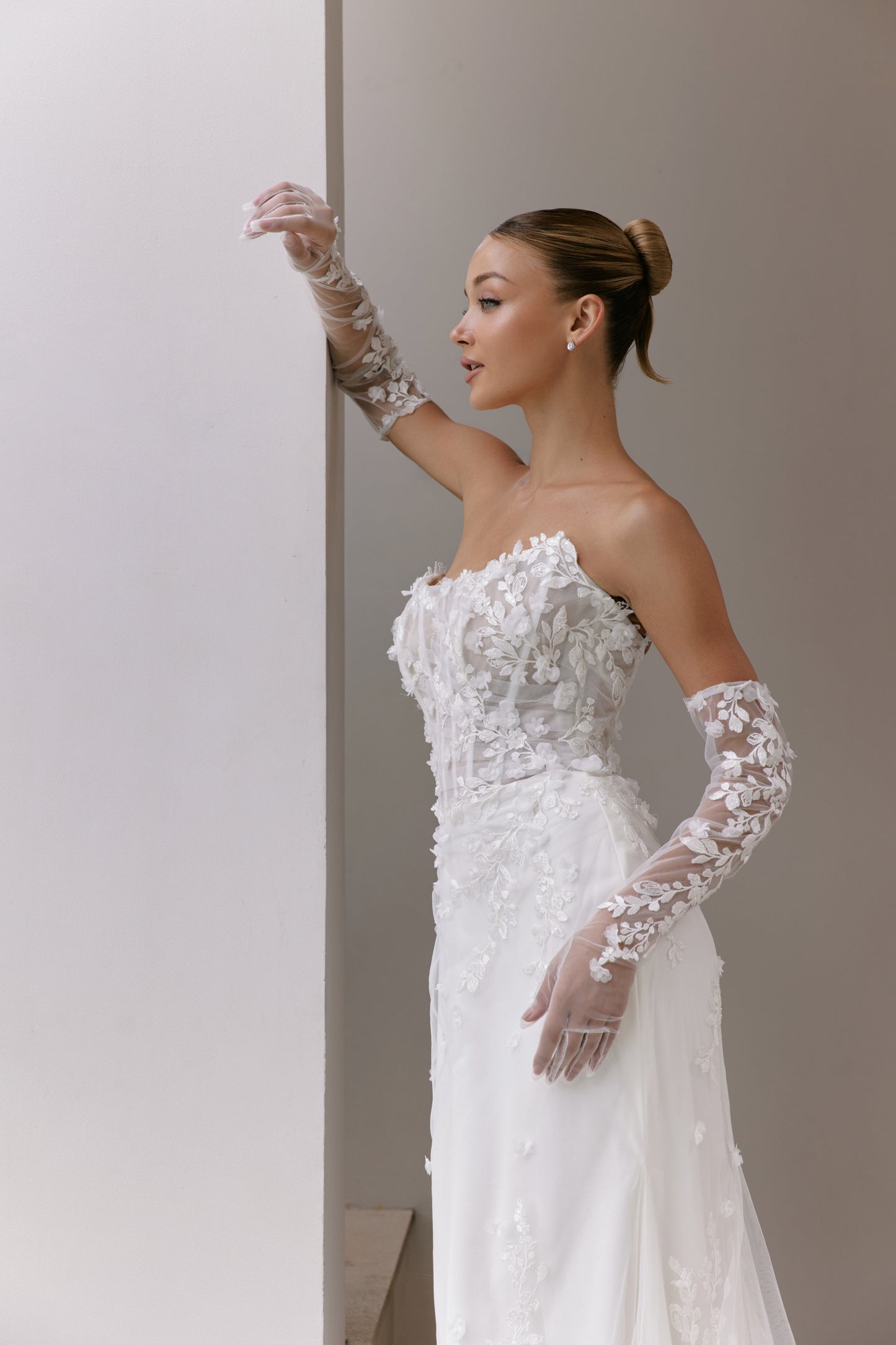 Slashed Neckline Trumpet Wedding Gown with Detachable Sleeves | Briderful - side
