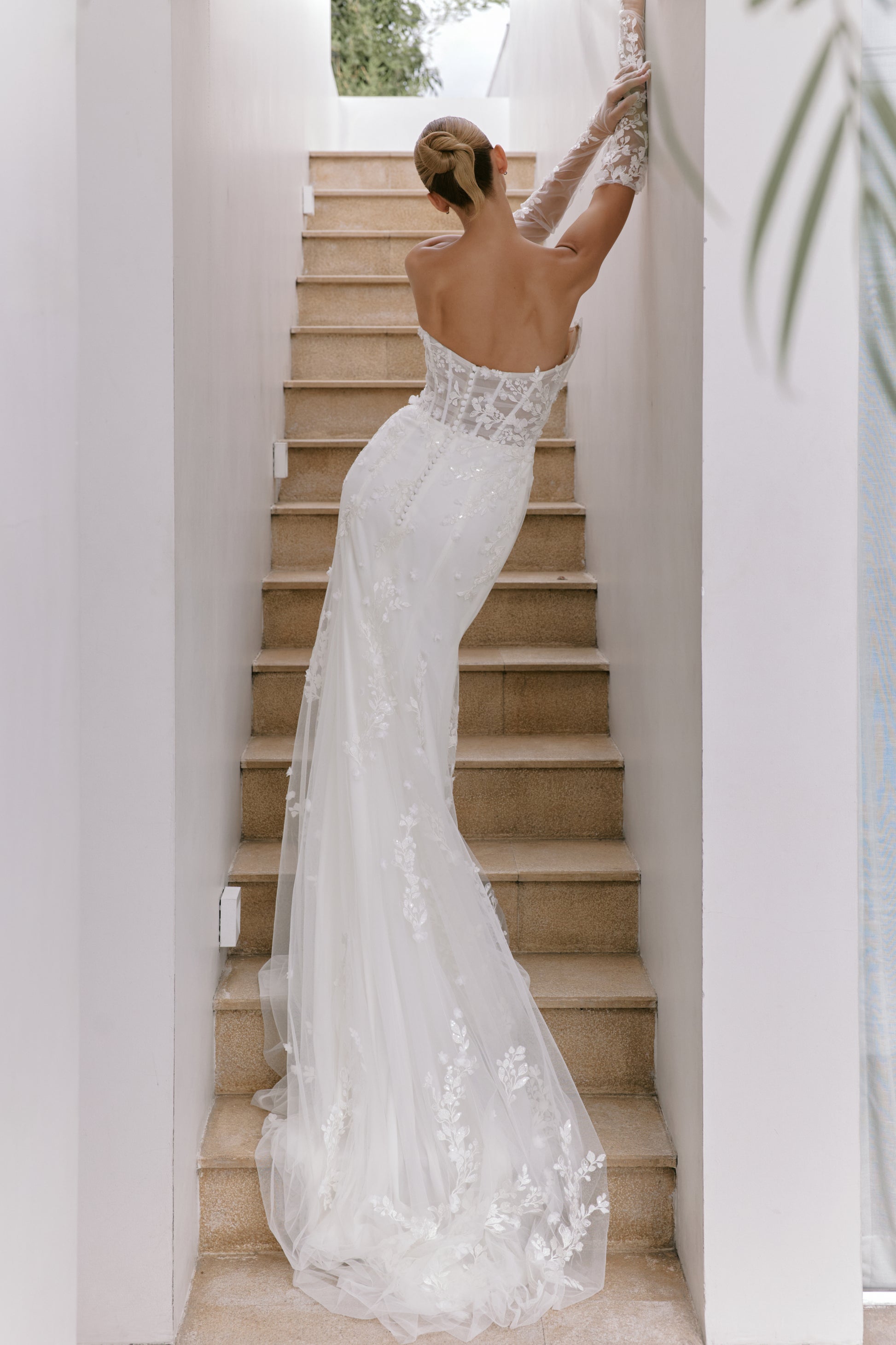 Slashed Neckline Trumpet Wedding Gown with Detachable Sleeves | Briderful - back detail