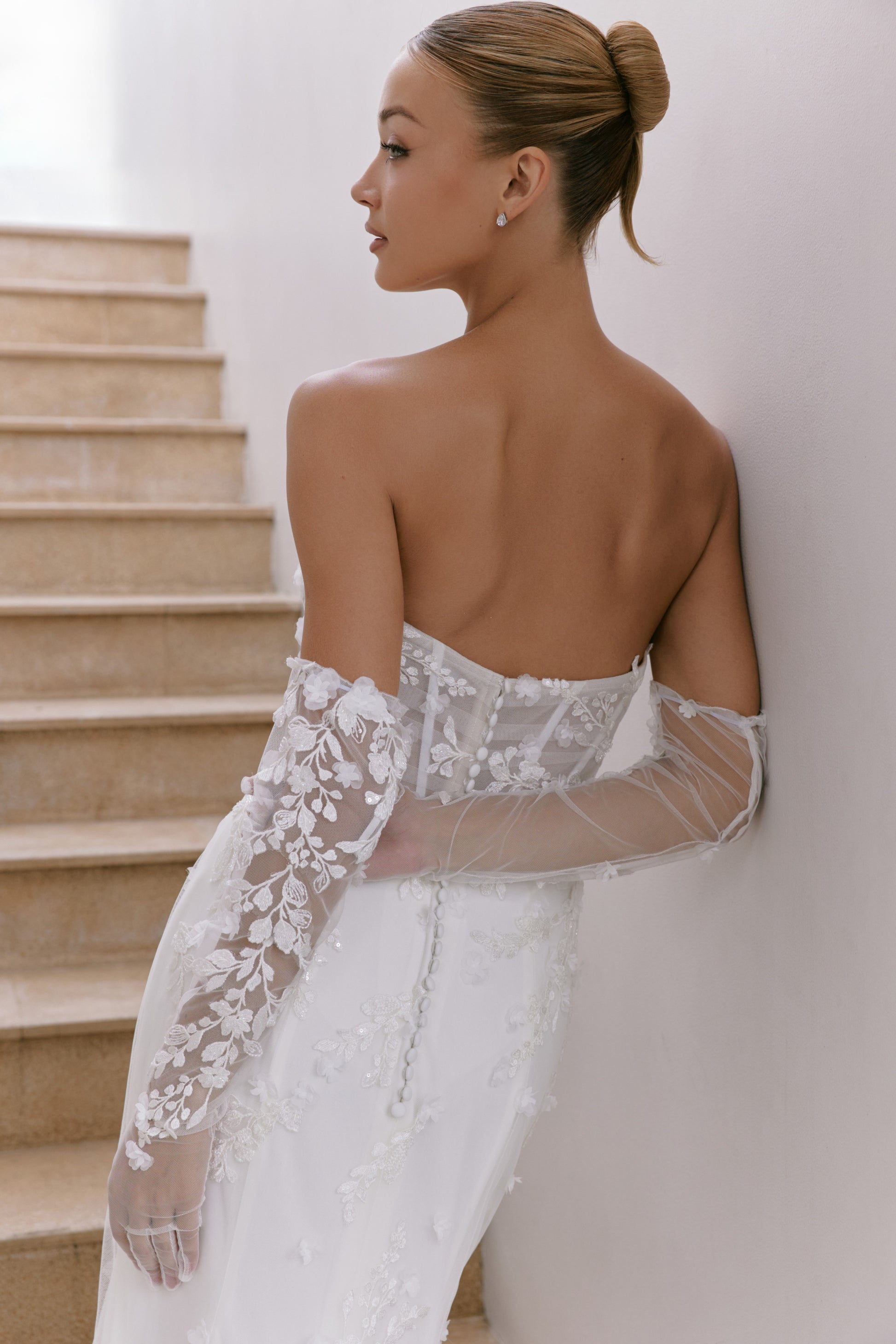 Slashed Neckline Trumpet Wedding Gown with Detachable Sleeves | Briderful - back