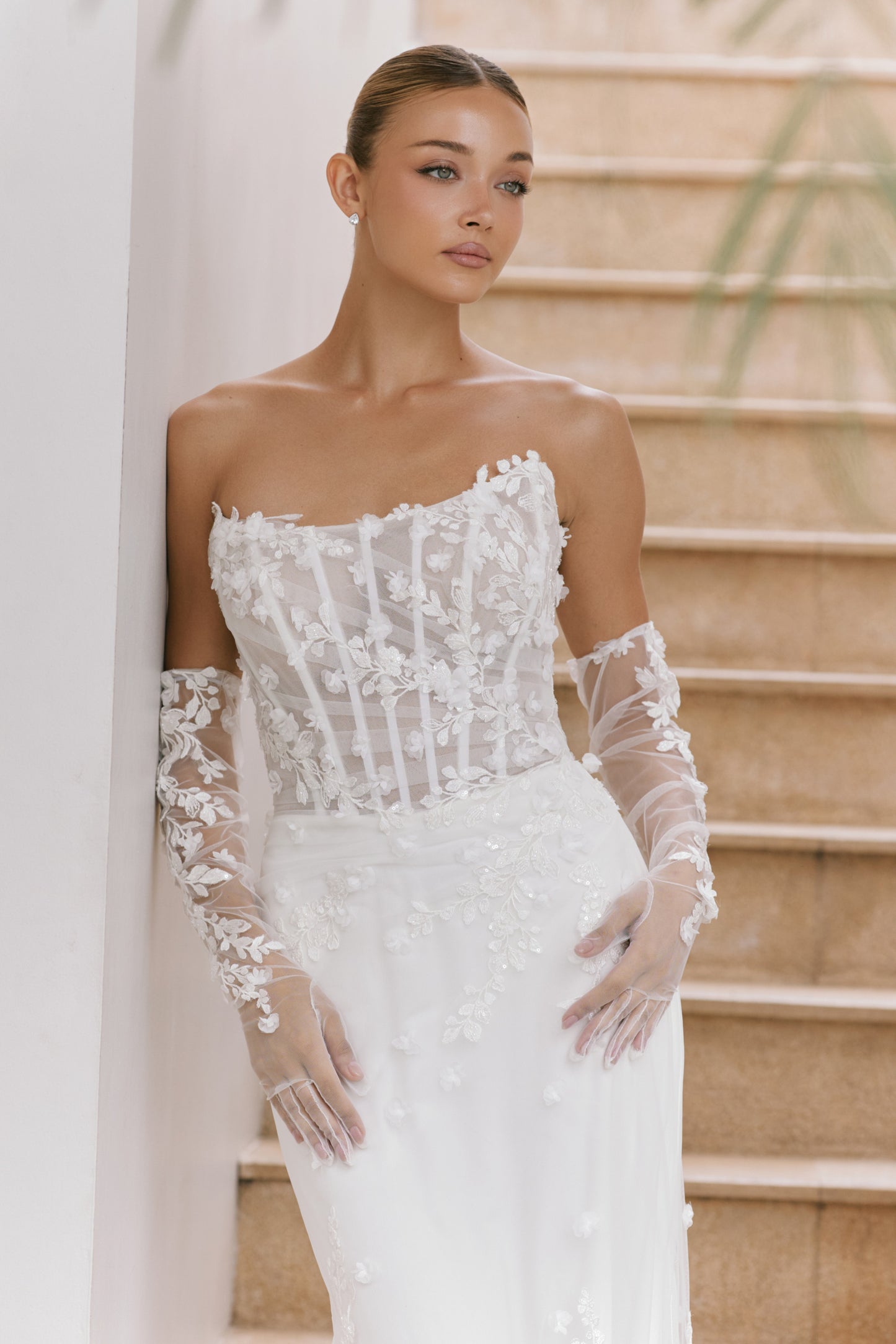 Slashed Neckline Trumpet Wedding Gown with Detachable Sleeves | Briderful