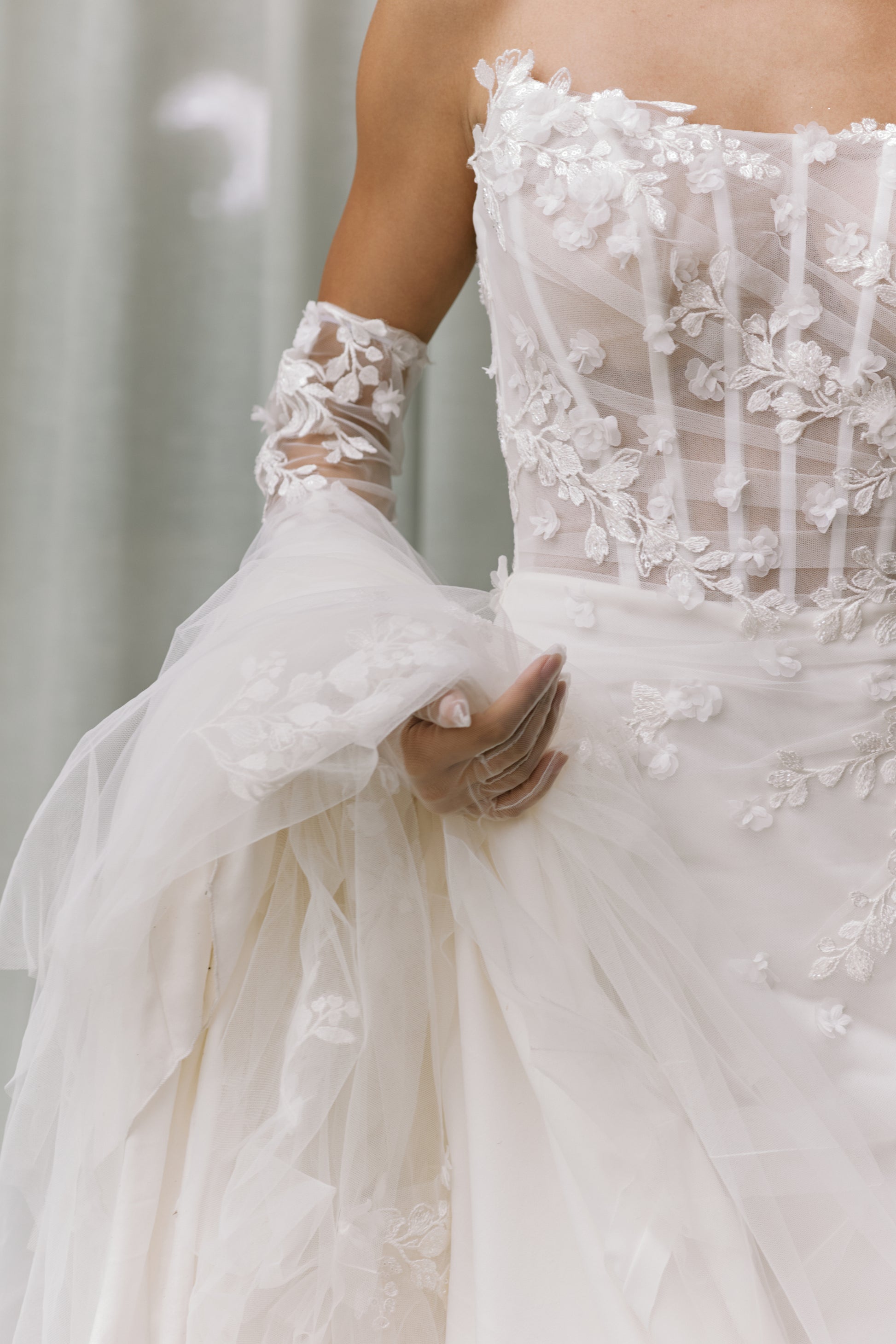 Slashed Neckline Trumpet Wedding Gown with Detachable Sleeves | Briderful - fabric close up