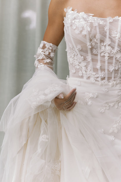 Slashed Neckline Trumpet Wedding Gown with Detachable Sleeves | Briderful - fabric close up