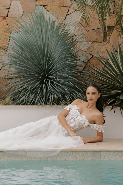 Floral Lace A-Line Wedding Gown with Scoop Neckline | Briderful - fabric