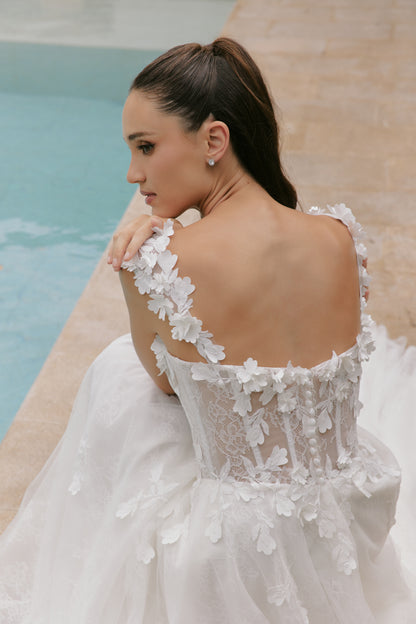Floral Lace A-Line Wedding Gown with Scoop Neckline | Briderful - back
