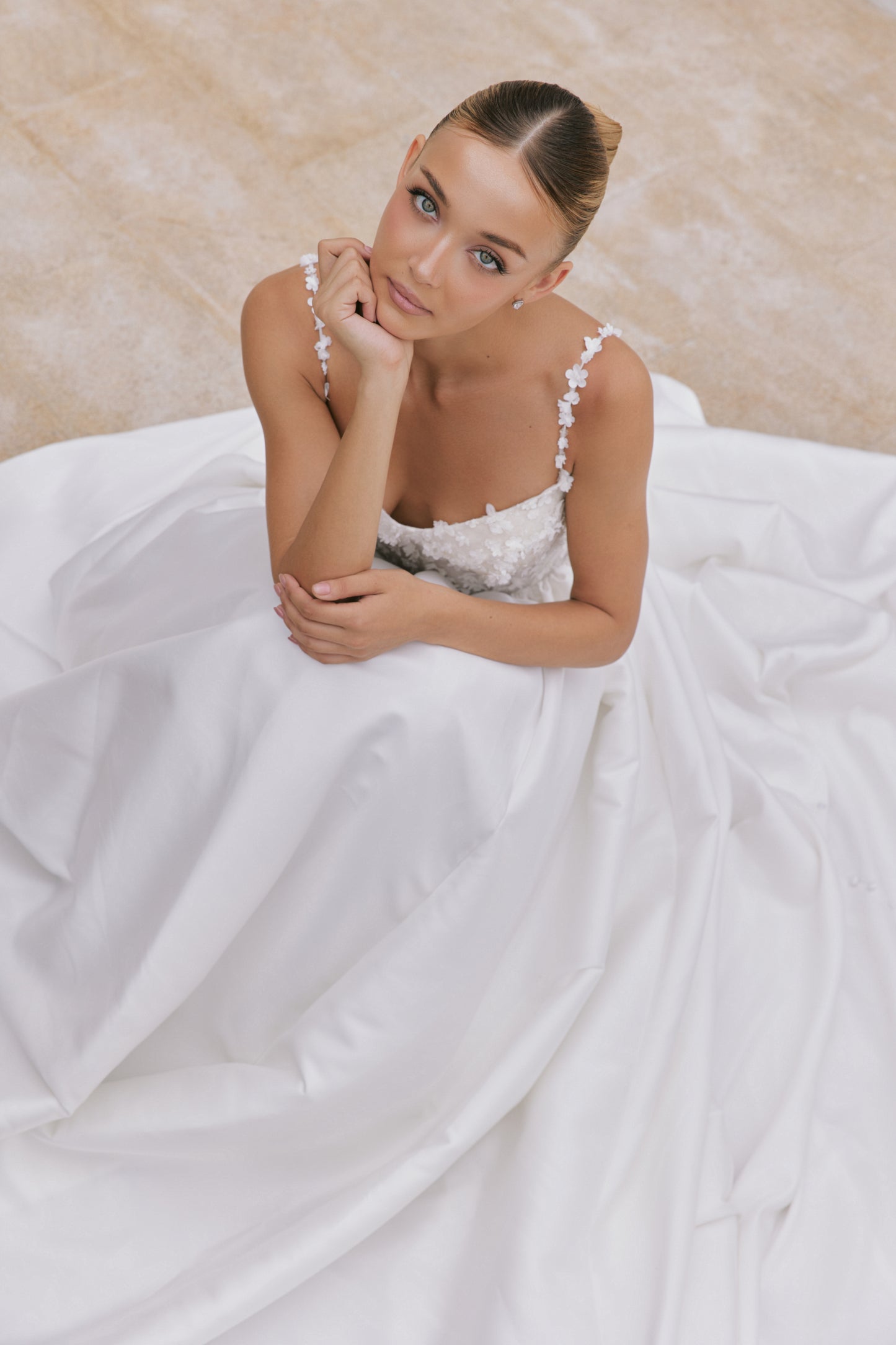 Off-the-Shoulder Mikado A-Line Gown with Beaded Lace | Briderful - fabric